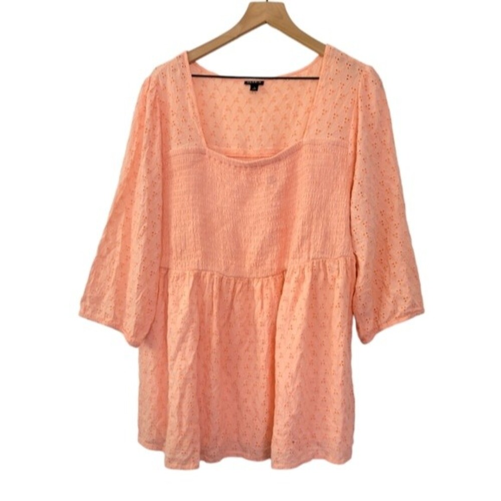 Torrid Voile Eyelet Smocked Babydoll 3/4 Sleeve Peach Blouse Size 3X